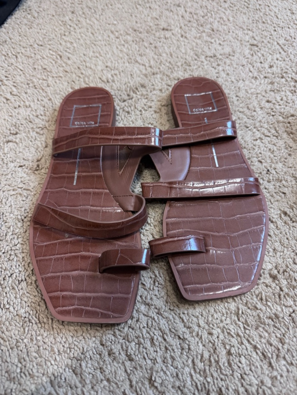 Dolce Vita Brown Croc-Embossed Flat Slide Sandals